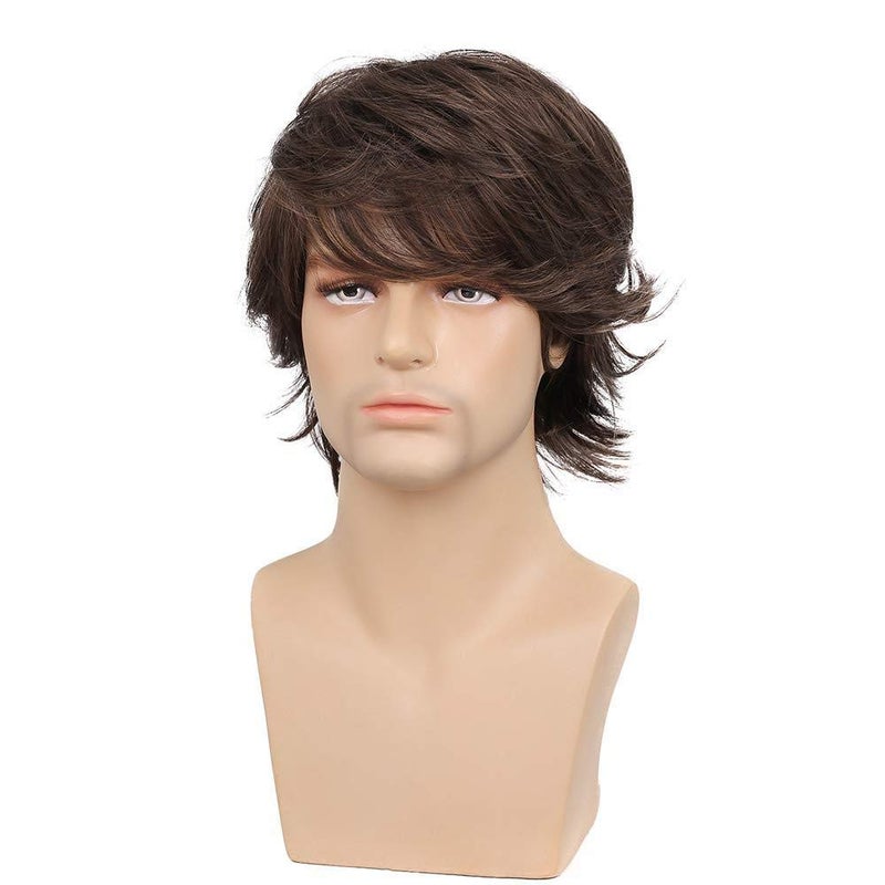 Wiwige Short Brown Wig for Mens Layered Natural Fluffy Synthetic Hair Wig Heat Resistant Halloween Cosplay with Wig Cap - Image 3